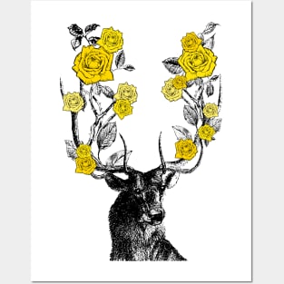 Stag and Roses | Stag and Flowers | Yellow Roses | Posters and Art